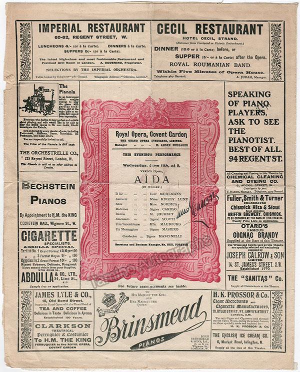 Caruso Enrico Signed Program Aida Covent Garden 1902