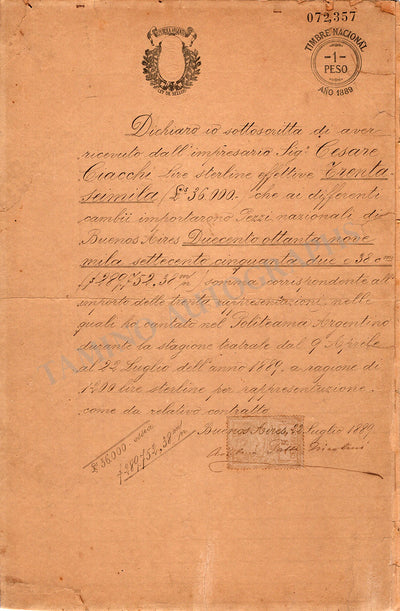 Signed Receipt Buenos Aires (1889)