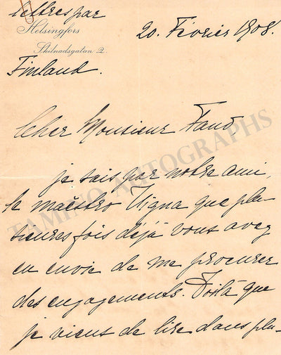 Akte, Aino - Autograph Letter Signed 1908