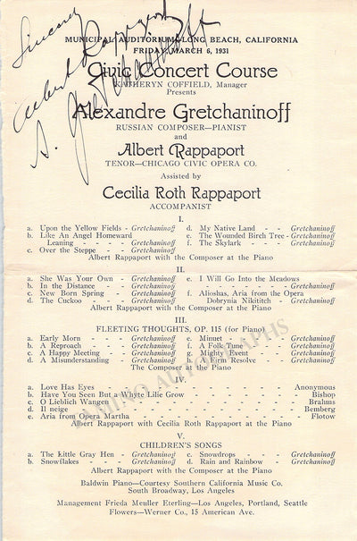 Gretchaninov, Alexander - Signed Program Page