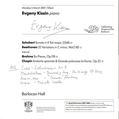 Kissin, Evgeny - Signed Program London 2007