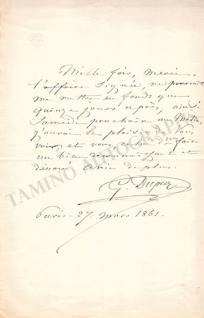 Duprez, Gilbert-Louis - Autograph Note Signed 1861