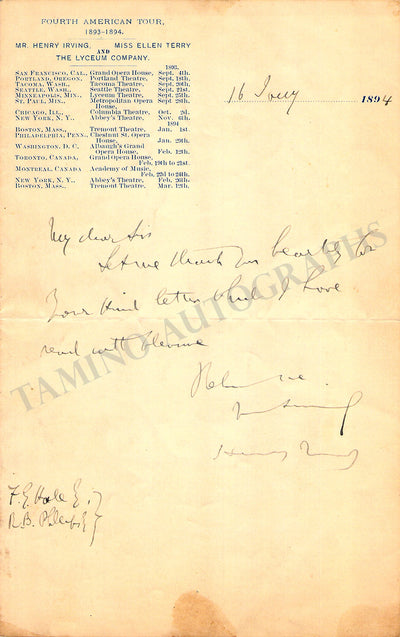 Irving, Henry - Autograph Note Signed 1894