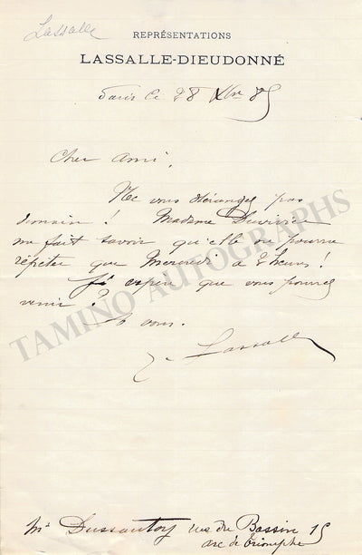 Lassalle, Jean - Autograph Note Signed 1889