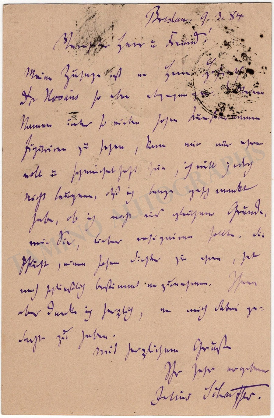 Julius Schaffer Autograph Letter Signed 1884 – Tamino