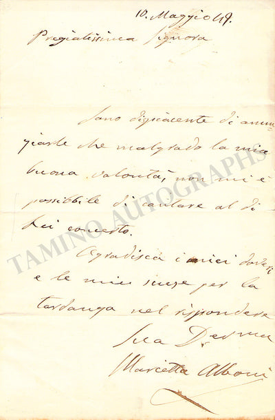 Alboni, Marietta - Autograph Note Signed 1849