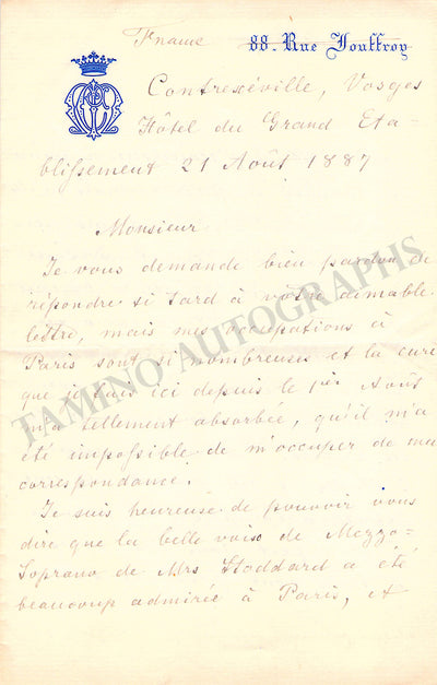 Marchesi, Mathilde - Autograph Letter Signed 1887