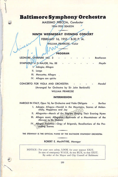 Primrose, William - Signed Program Baltimore 1955