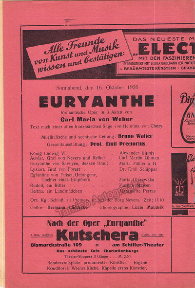 Walter, Bruno - Program Euryanthe Berlin 1926