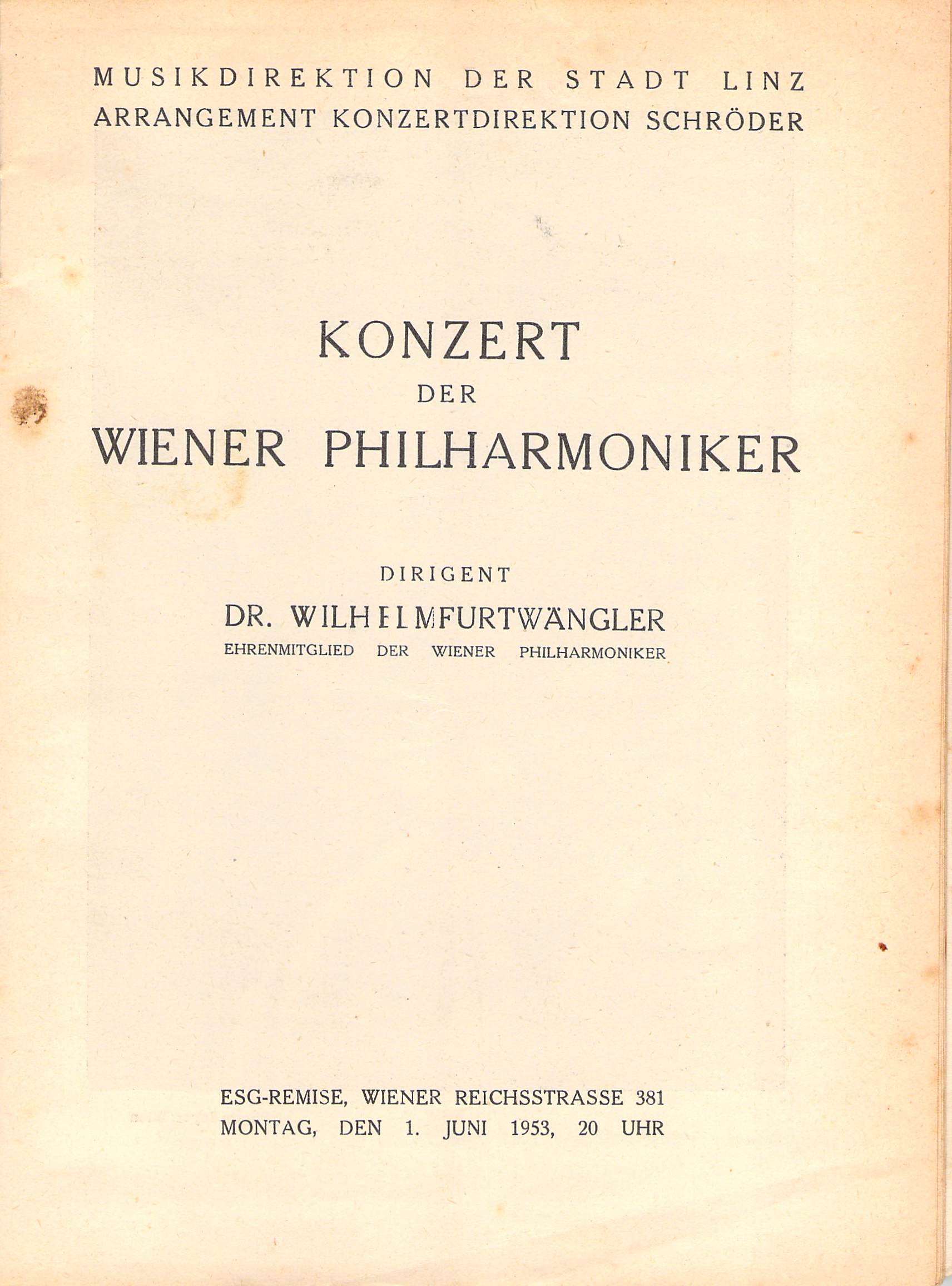 Wilhelm Furtwangler - Concert Program Linz 1953 – Tamino