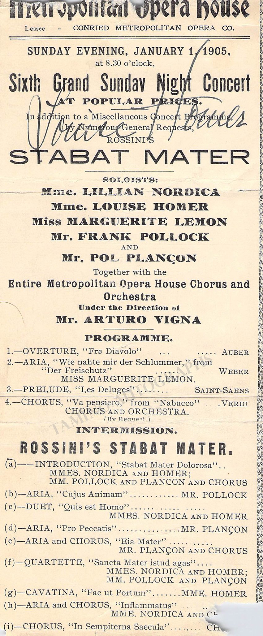Homer, Louise - Signed Program Clip Metropolitan Opera 1905 – Tamino