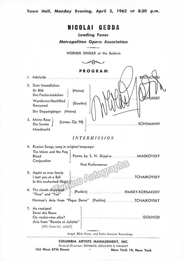 Gedda Nicolai Signed Concert Program 1962 Tamino