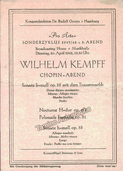 Kempff, Wilhelm - Lot of 10 Programs 1943-1950