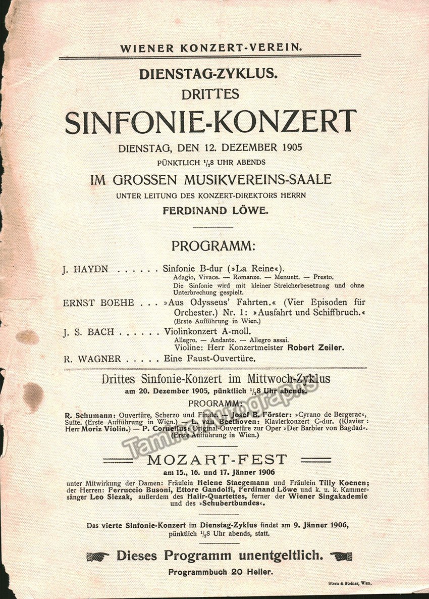 Loewe, Ferdinand - Lot of 6 Programs 1902-1921 - Mahler Concert Announ ...