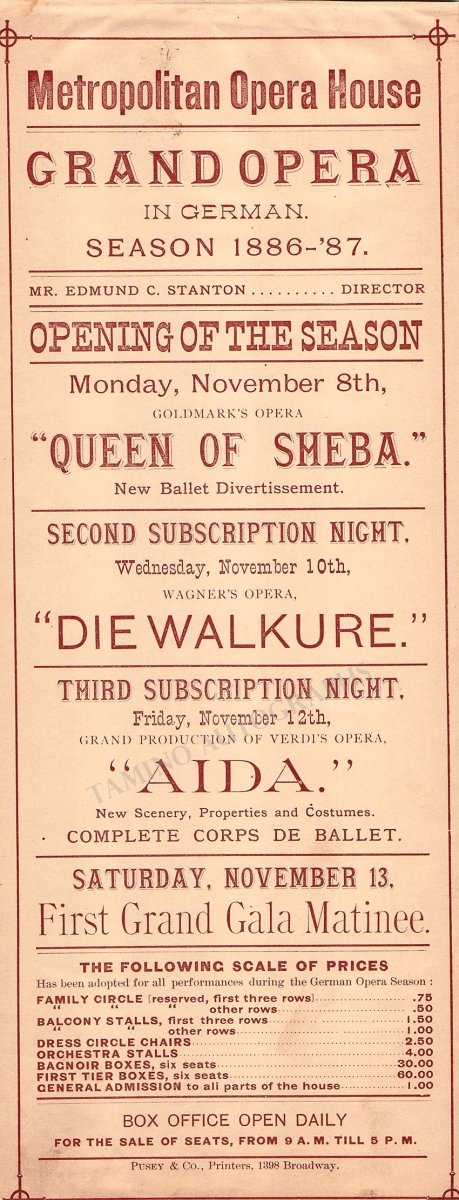Metropolitan Opera - Lot of 15 Playbills Season 1886-87 – Tamino