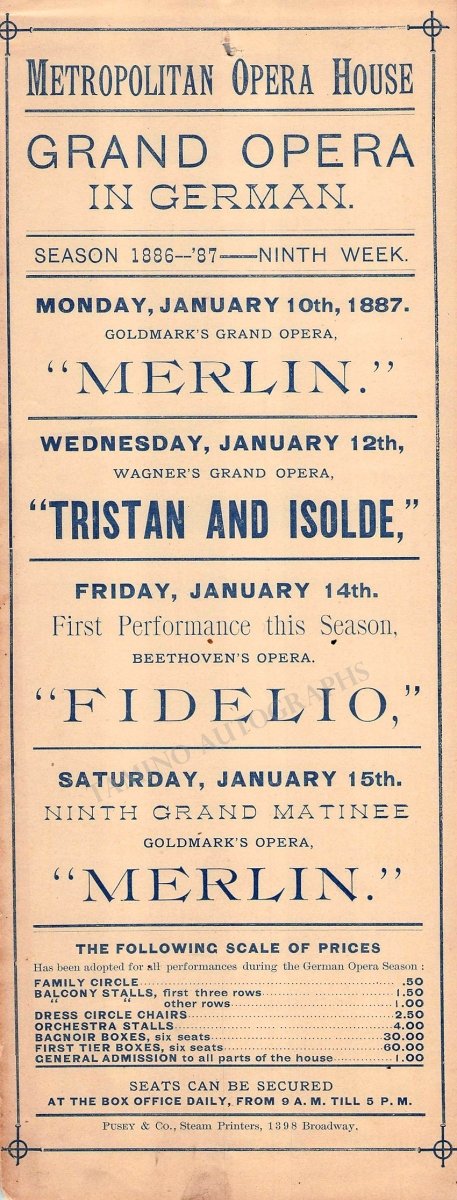 Metropolitan Opera - Lot of 15 Playbills Season 1886-87 – Tamino