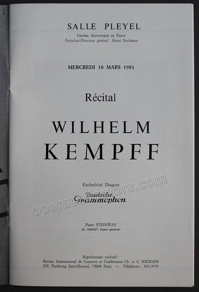 Kempff, Wilhelm - Paris Concert Program 1981