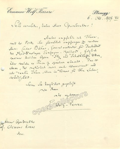 Wolf-Ferrari, Ermanno - Autograph Letter Signed to Conductor Clemens Kraus